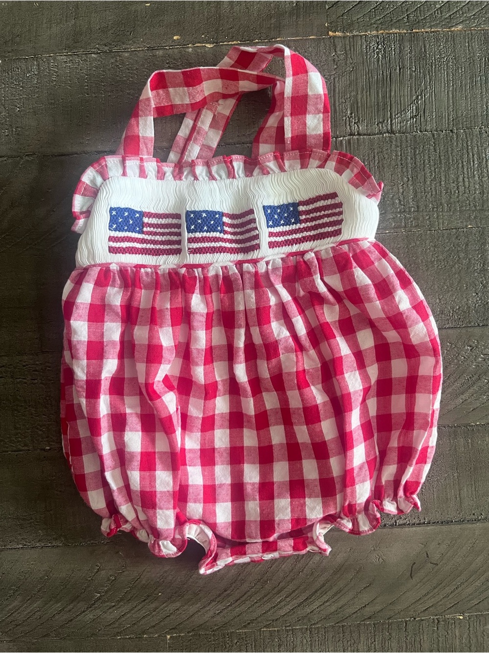 Red Gingham Smocked Baby cross back One-Piece with Flag Embroidery